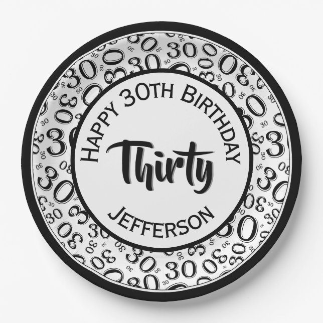 0th Random Number Pattern Black/White Paper Plates (Front)