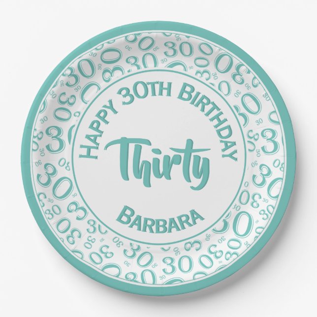 0th Random Number Pattern Teal/White Paper Plates (Front)