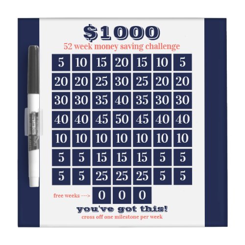 1000 52 Week Money Saving Challenge _ Blue Coral Dry Erase Board