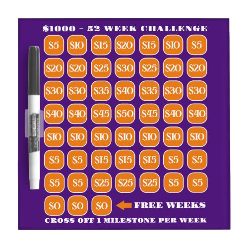 1000 52 Week Money Saving Challenge  Dry Erase Board