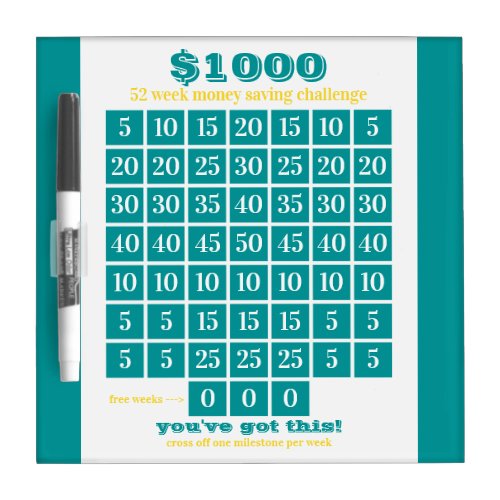 1000 52 Week Money Saving Challenge _ Ocean Sun Dry Erase Board