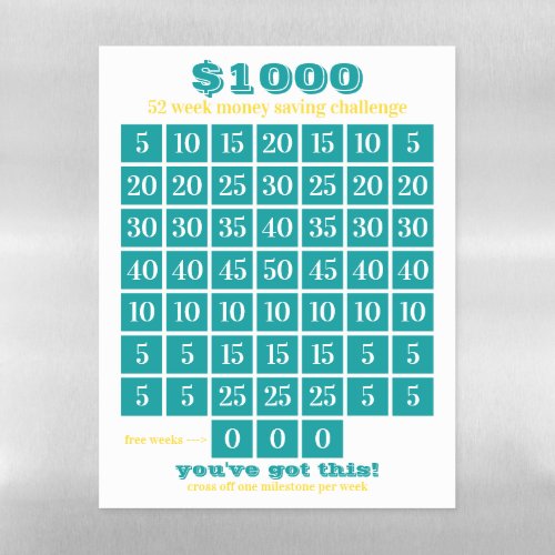 1000 52 Week Money Saving Challenge _ Ocean Sun Magnetic Dry Erase Sheet