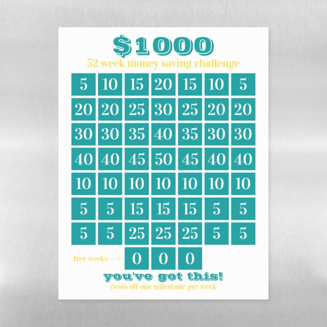 $1000 52 Week Money Saving Challenge - Ocean Sun Magnetic Dry Erase Sheet (Vertical)