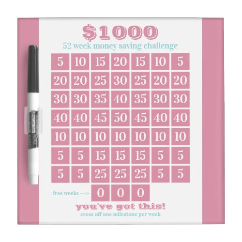 1000 52 Week Money Saving Challenge _ Pink Blue Dry Erase Board