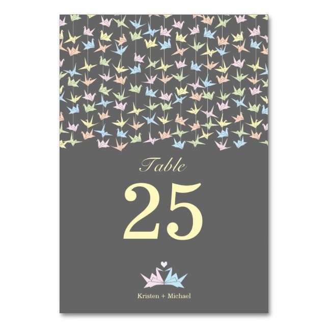 1000 Hanging Origami Paper Cranes Wedding (Grey) Table Number (Front)