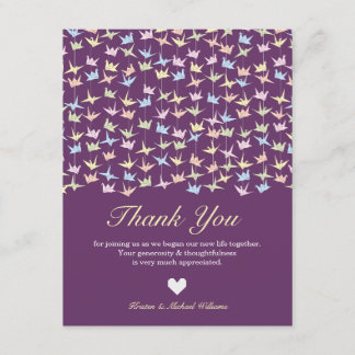 1000 Hanging Origami Paper Cranes Wedding (Purple) Thank You Card