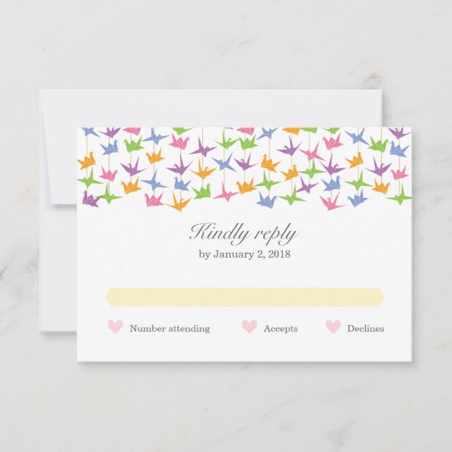 1000 Hanging Origami Paper Cranes Wedding RSVP Card (Front)