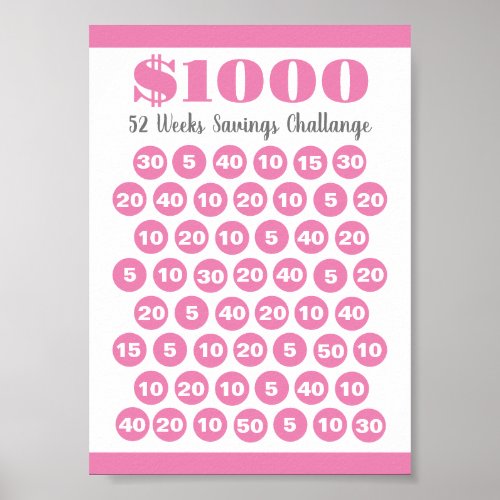 1000 Savings Challenge Pink 52 Weeks Printable Poster
