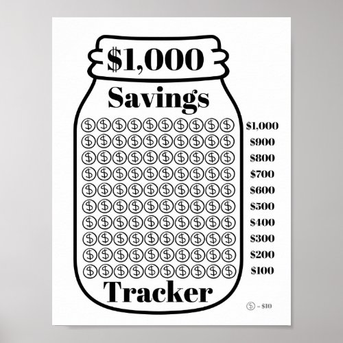 1000 Savings Tracker Mason Jar Budget Goal Sheet Poster