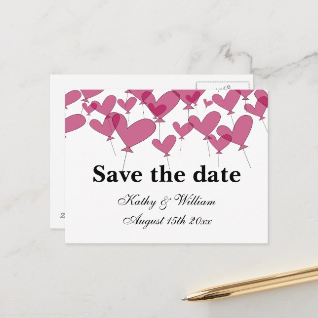 1001 Red heart balloons save the date wedding Postcard (Front/Back In Situ)