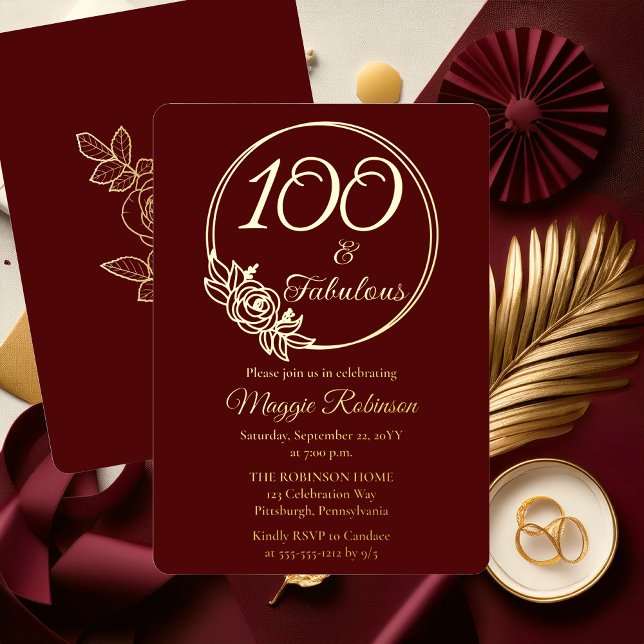 100 and Fabulous 100th Birthday Party Stamped Foil Invitation (Elegant Rose Wreath 100 and Fabulous 100th Birthday Party Burgundy Stamped Gold Foil Invitation )