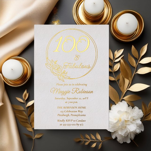 100 and Fabulous 100th Birthday Party Stamped Foil Invitation (Simply Elegant Rose Wreath "100 and Fabulous" 100th Birthday Party Stamped Foil Invitation)
