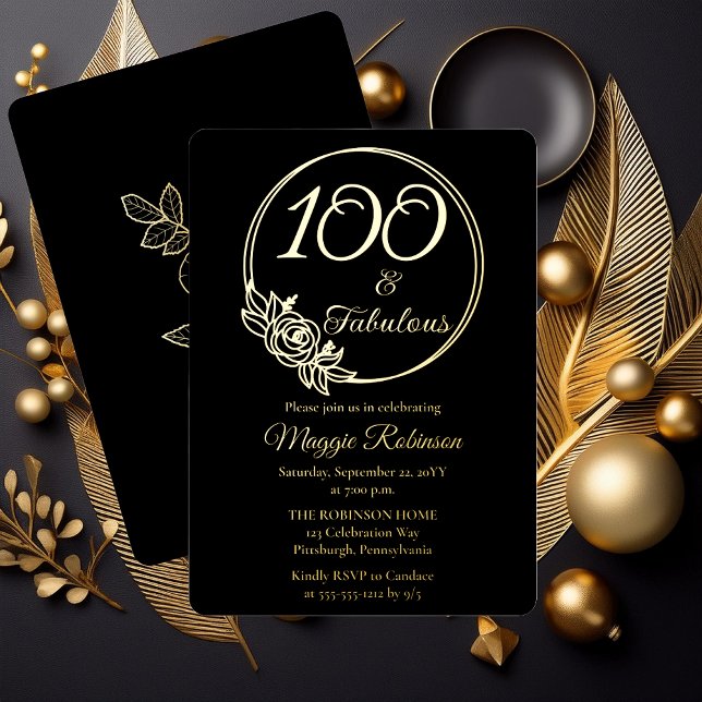 100 and Fabulous 100th Birthday Party Stamped Foil Invitation (Simply Elegant Rose Wreath 100 and Fabulous 100th Birthday Party Black Stamped Gold Foil Invitation )
