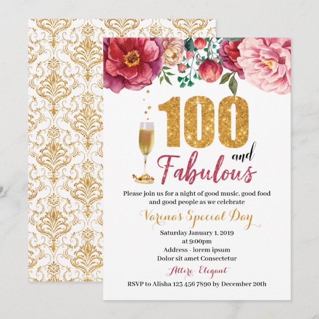 100 and Fabulous Birthday Invitation for Women (Front/Back)