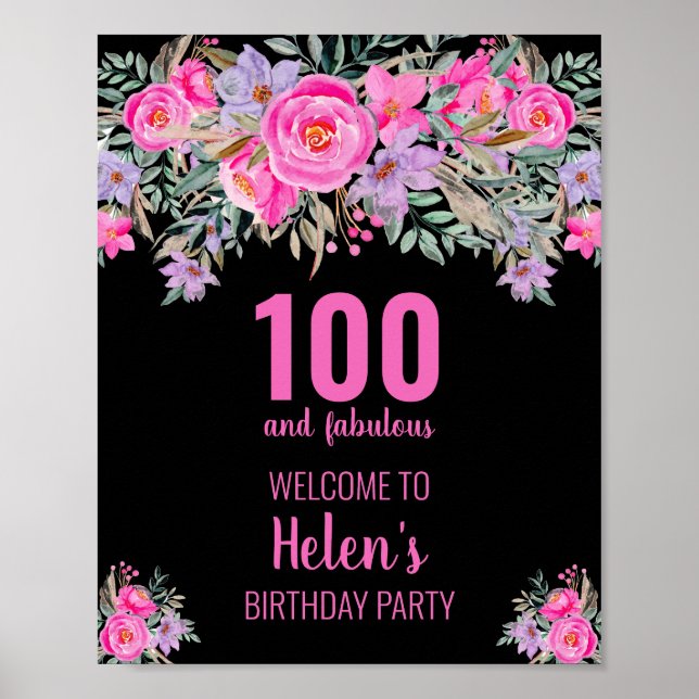 100 and fabulous black birthday party poster (Front)