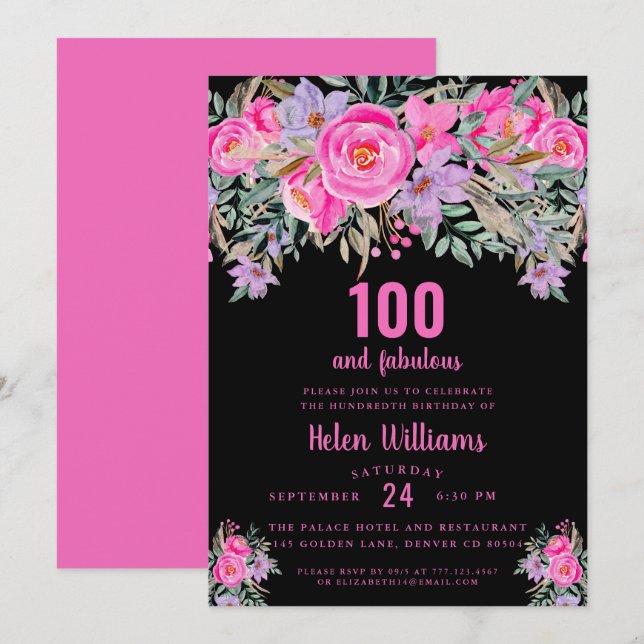 100 and fabulous black pink 100th birthday invitation (Front/Back)
