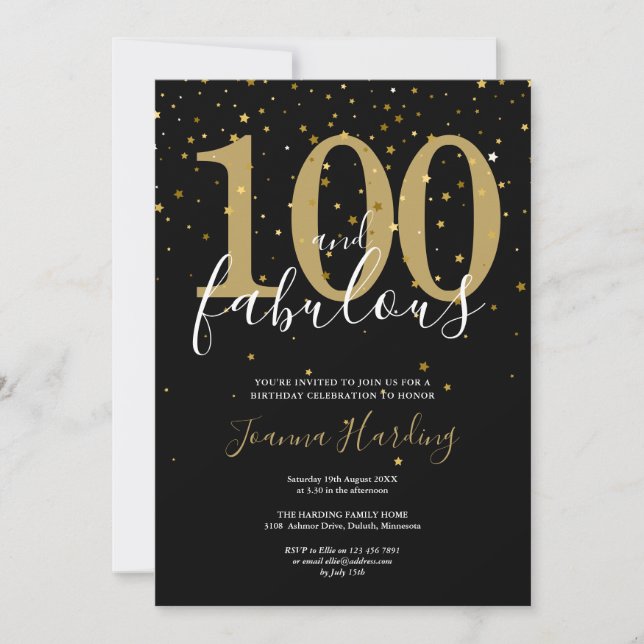 100 and Fabulous Elegant Gold and Black Birthday Invitation (Front)
