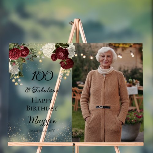 100 and Fabulous Glam Rose Floral Birthday Party Acrylic Sign