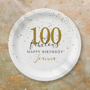 100 and Fabulous Gold Black Birthday Party Paper Plates