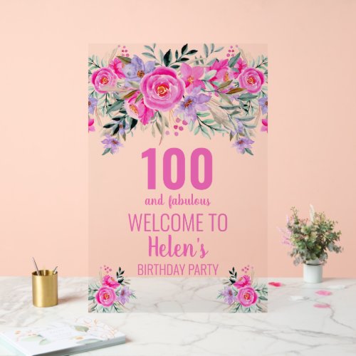 100 and fabulous pink elegant birthday party  acrylic sign