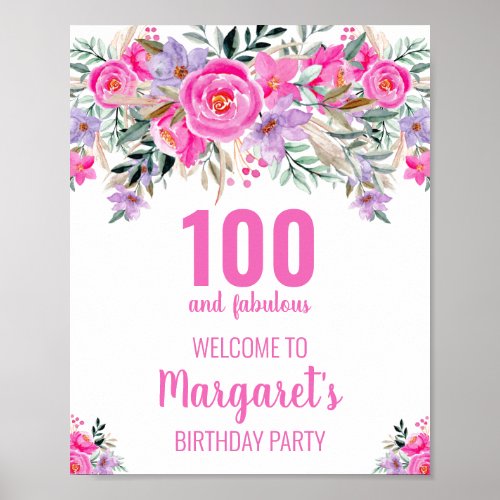 100 and fabulous pink elegant birthday party  poster