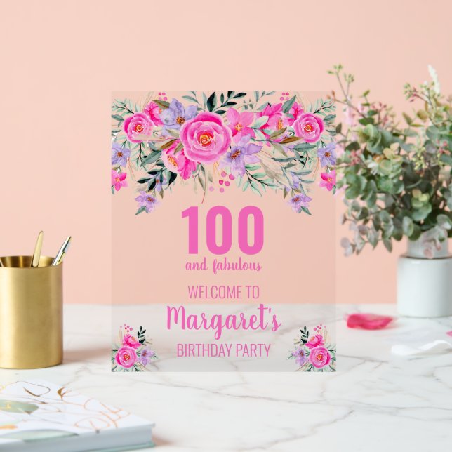 100 and fabulous pink floral welcome acrylic sign (Wedding)