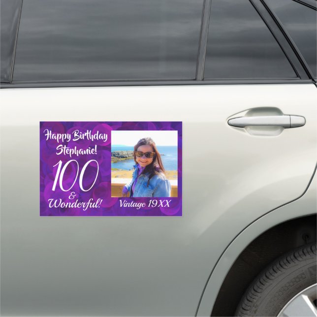 100 and Wonderful Elegant Purple Birthday Car Magnet (In Situ)
