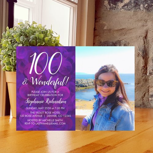 100 and Wonderful Elegant Purple Photo Birthday Invitation