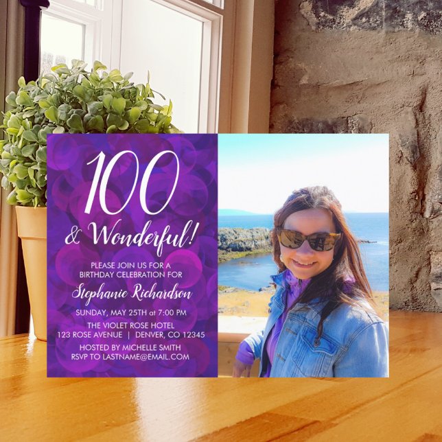 100 and Wonderful Elegant Purple Photo Birthday Invitation (Creator Uploaded)