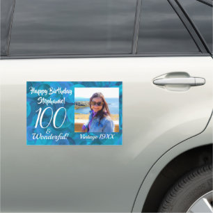 100 and Wonderful Ocean Blue Birthday Photo Car Magnet