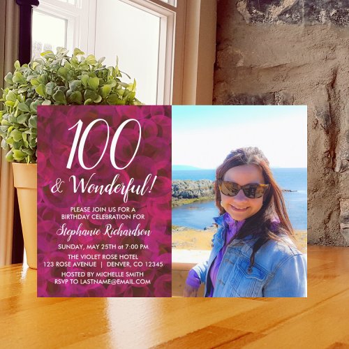 100 and Wonderful Red Rose Photo Birthday Party Invitation