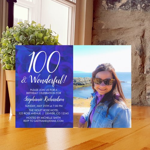100 and Wonderful Royal Blue Photo Birthday Invitation