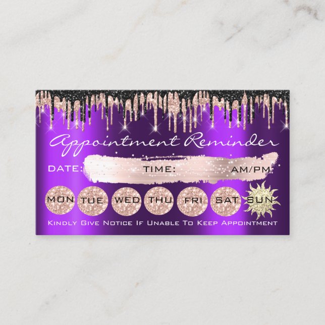 100 Appointment Reminder Rose Purple Glitter Drips Business Card (Front)
