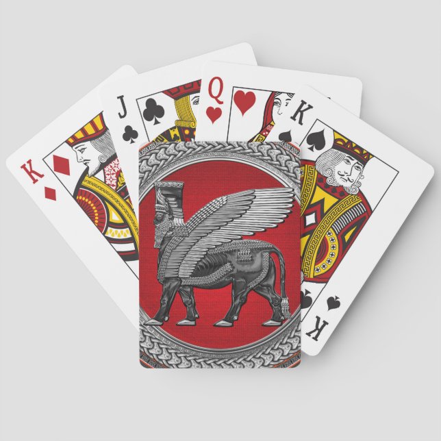 [100] Assyrian Winged Bull: Silver & Black Lamassu Poker Cards (Back)