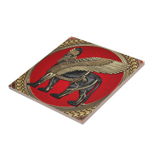 [100] Assyrian Winged Lion: Gold & Black Lamassu Ceramic Tile