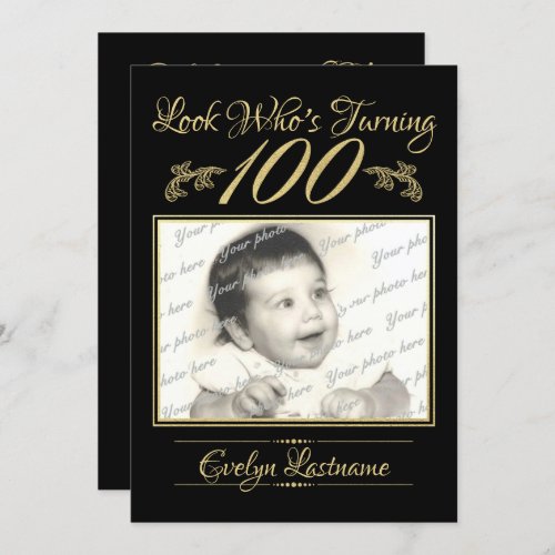 100 Birthday Elegant Photo Gold and Black Invitation