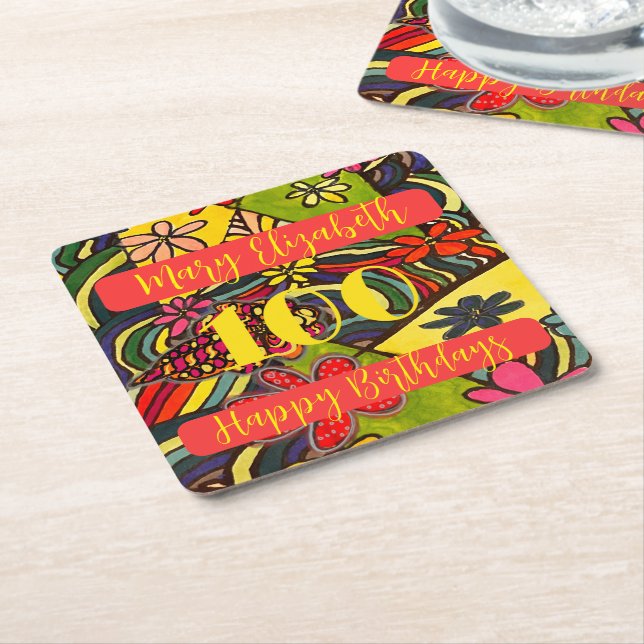  100 Birthdays Floral Square Paper Coaster (Angled)