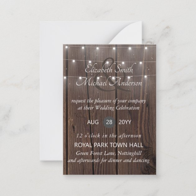 100 Rustic Wood and Lights Wedding Invitations and 100 Envelopes 