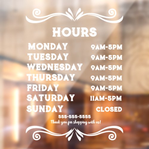 100 Customizable Store Hours Window Cling