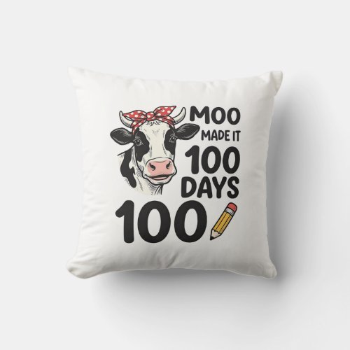 100 Days Cow Shirt Vintage Engraving School Design Throw Pillow