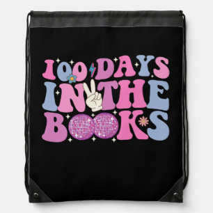 100 Days In The Books Disco Ball Groovy Retro Drawstring Bag