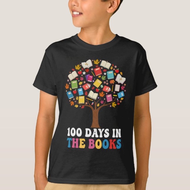 100 Days in The Books Reading Teacher 100th Day T-Shirt (Front)