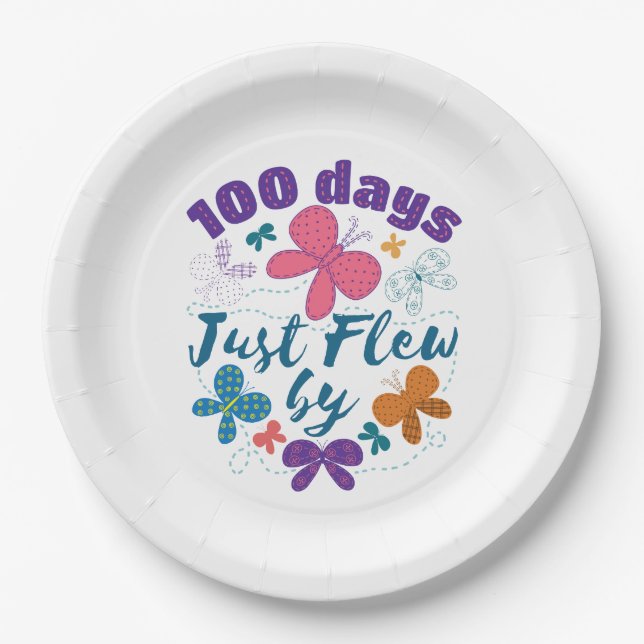 100 Days Just Flew By  School Butterfly  Paper Plates (Front)