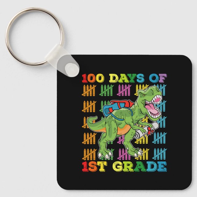 100 Days Of 1st Grade T Rex Dinosaur School Keychain (Front)