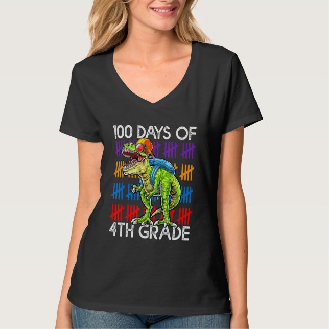 100 Days of 4th Grade School Dinosaur Dino Trex 10 T-Shirt (Front)