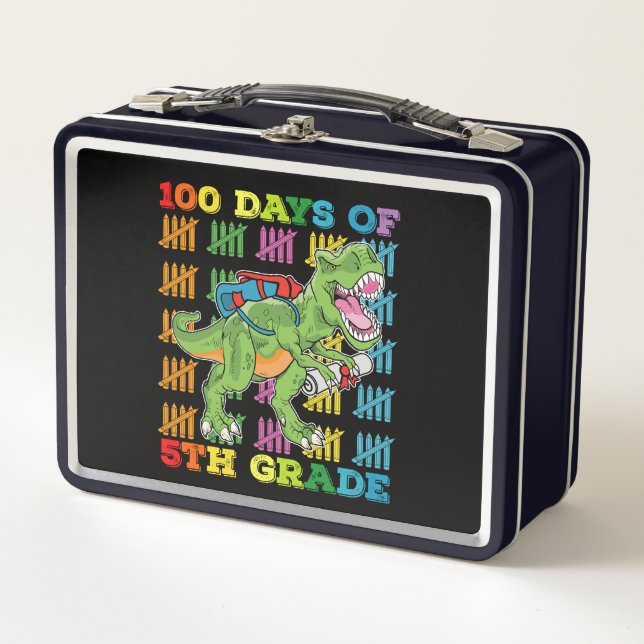 100 Days Of 5th Grade T Rex Dinosaur School Metal Lunch Box (Front)
