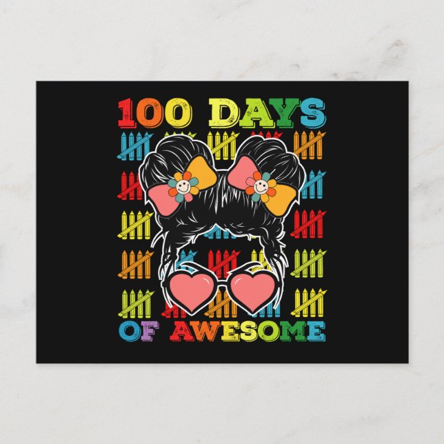 100 Days Of Awesome Messy Bun 100th Day Of School Postcard (Front)