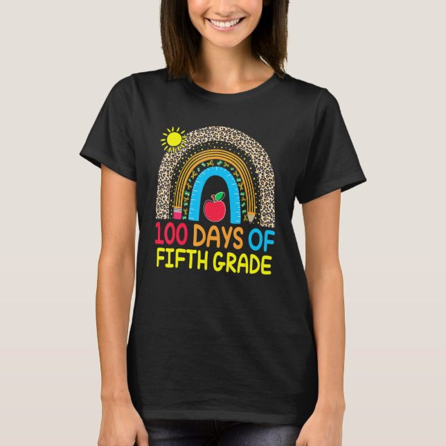 100 Days Of Fifth Grade Leopard Rainbow 100th Day  T-Shirt (Front)