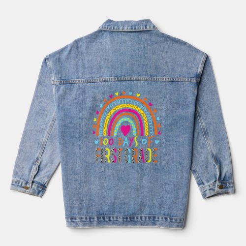 100 Days Of First Grade Leopard Rainbow 100th Day  Denim Jacket