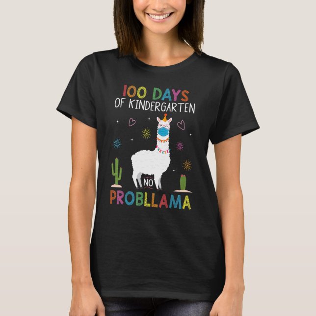 100 Days Of Kindergarten No Probllama Llama Mask Q T-Shirt (Front)